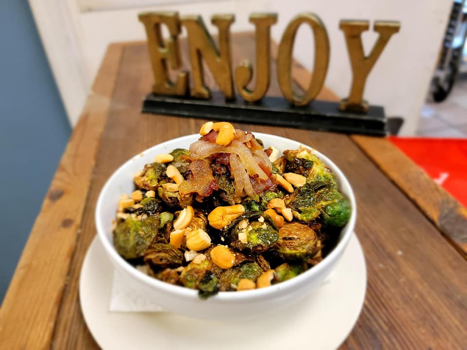 Crispy Brussel Sprouts with corn and bacon topping #reddsbar #food #dining #30a #30aeats